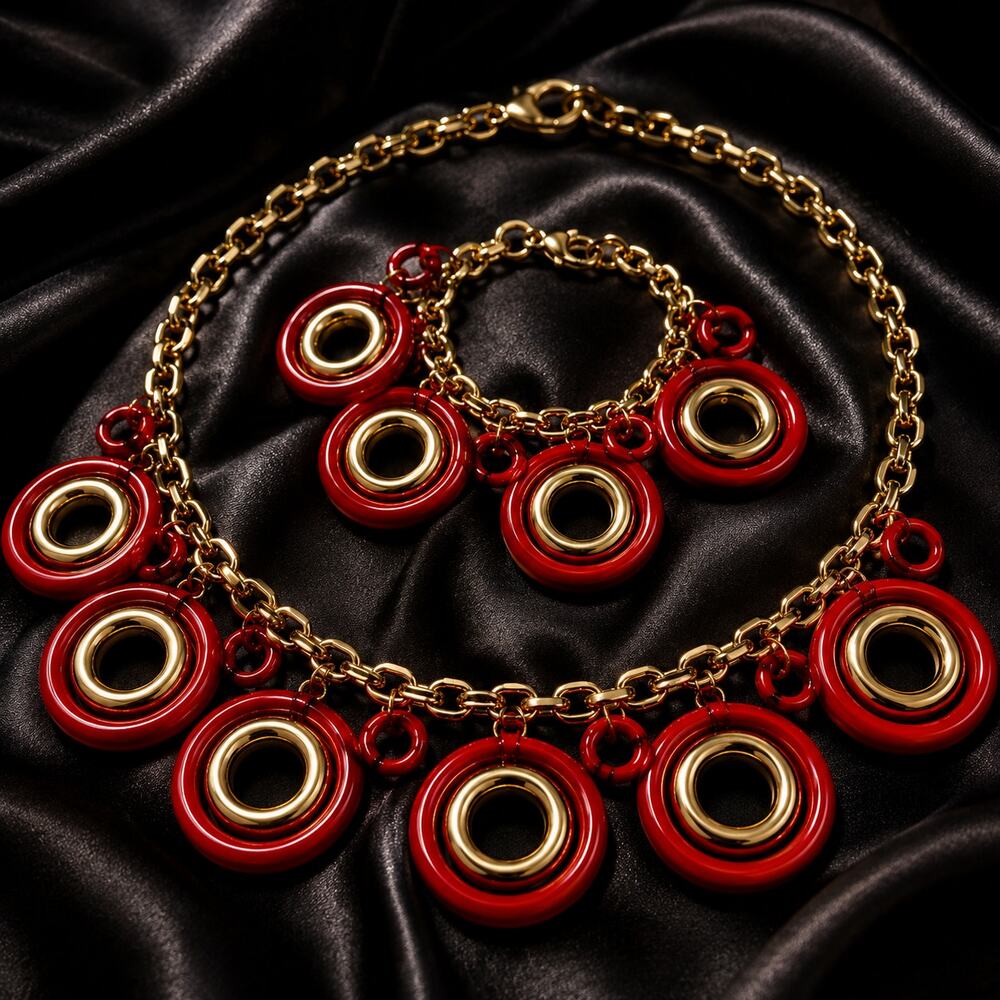 Vintage 1980s Red Gold Tone Statement Necklace Bracelet Set